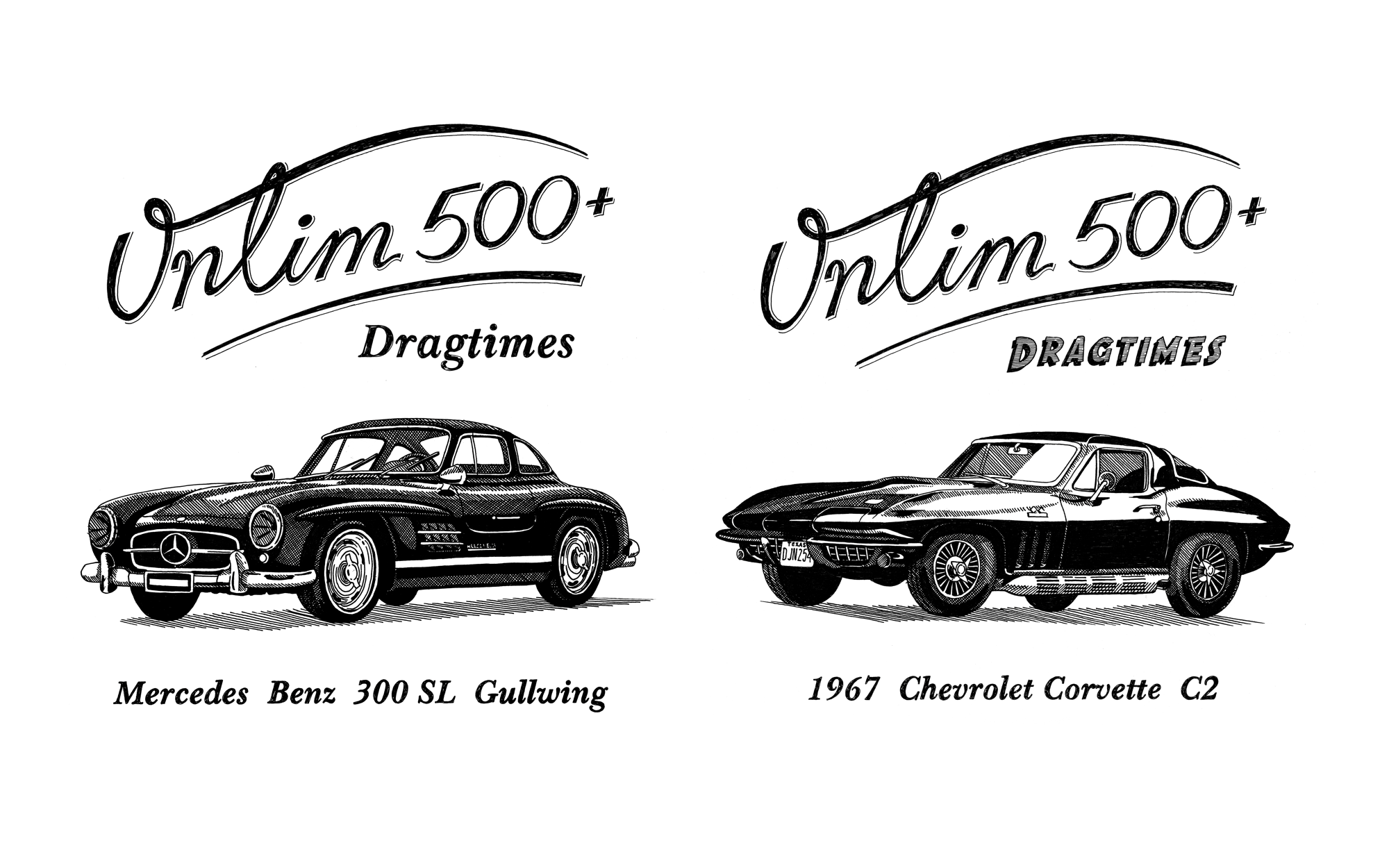 Mercedes Benz и Chevrolet Corvette oldtimers иллюстрации