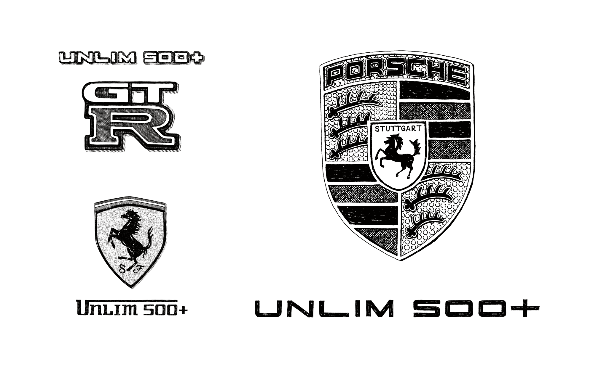 Логотипы Proshce, Ferrari, GT-R иллюстрации